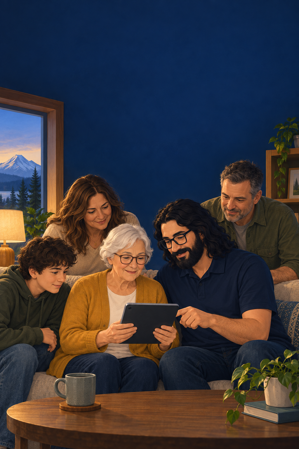 Illustration of a friendly tech helper guiding a multigenerational family with a tablet
